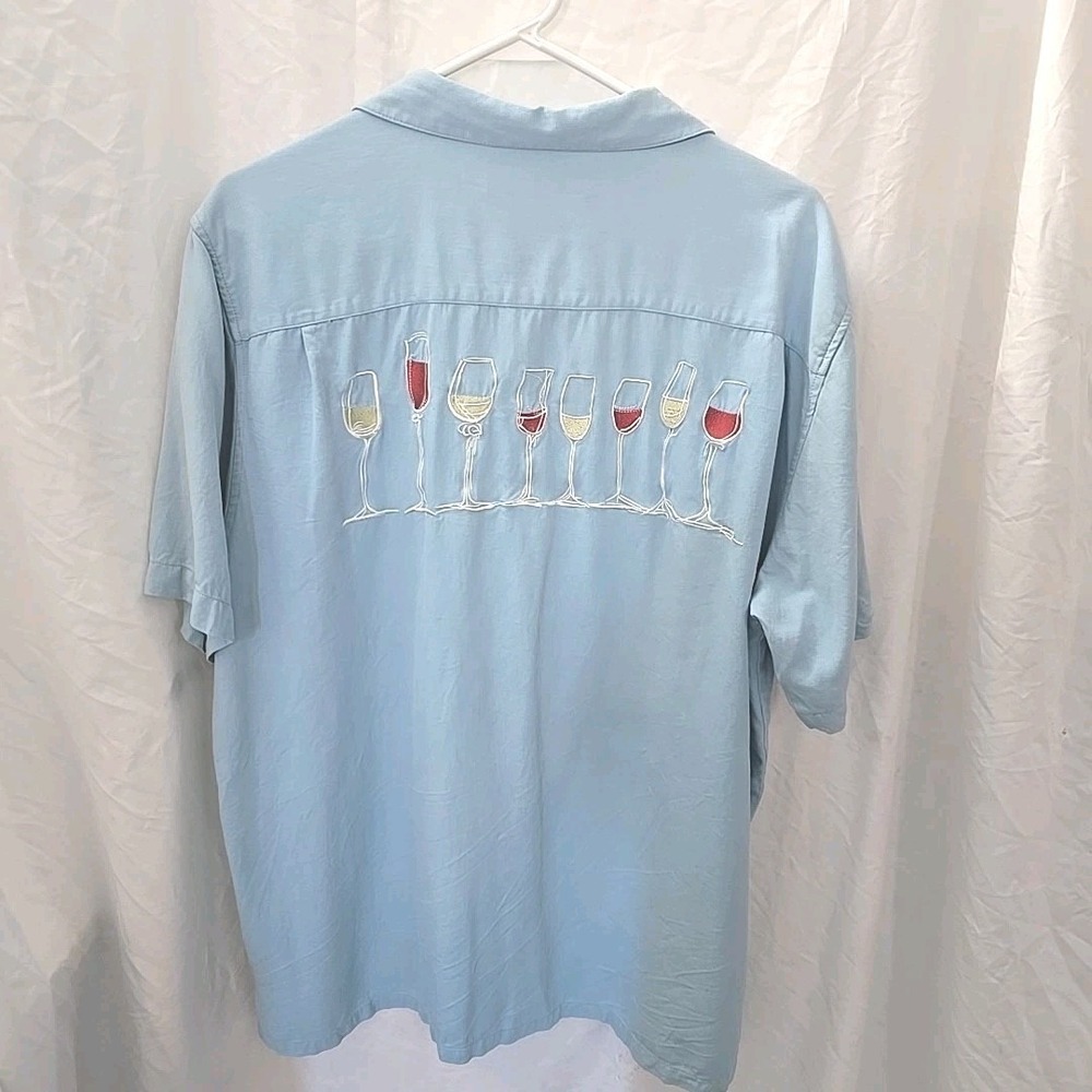 Island Republic 100% Silk Men's Button-Up Short Sleeve‎ Shirt Wine Glasses Blue